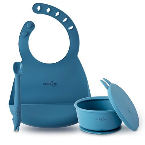 CUBKINS Silicone Suction Bowl, Adjustable Bib with Early Feeding Bendable Spoon for Feeding Babies | BPA Free, Washable and Reusable Bowl & Bib for Kids, Toddlers (Blue Olive) - Image 1