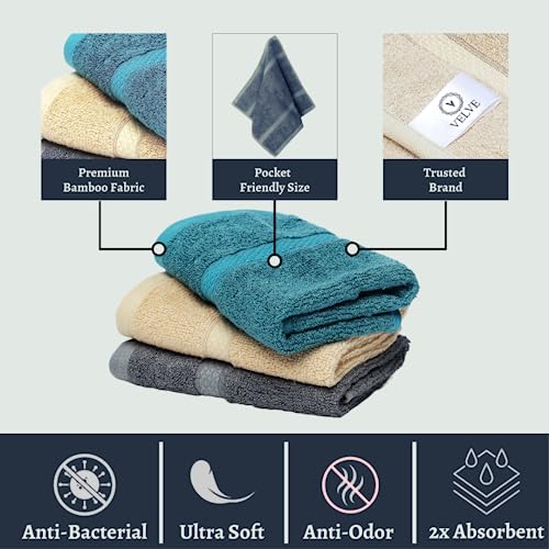 Velve 100% Bamboo Face Towel | Ultra Soft, Absorbent & Quick Dry Towels for Facewash, Gym, Travel, Sports | Suitable for Sensitive Skin | Pocket Size & Easy to Carry | Set of 3-Beige, Teal, Grey - Image 5