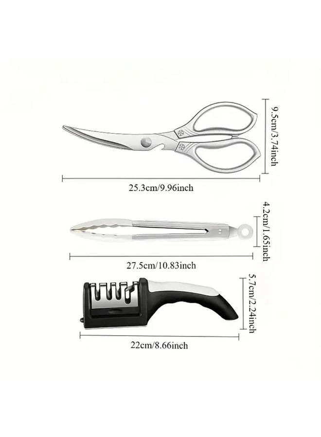 5 Pieces Curved Blade BBQ Scissors And Tongs Set Professional Outdoor Cooking Kit Heat Resistant Grilling Tools Sharpener Included Easy Chicken Bone Cutting - Image 3