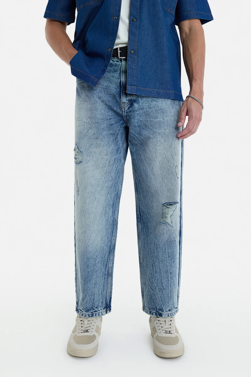 سنيتش Light Blue Solid Wide Leg Streetwear Jeans