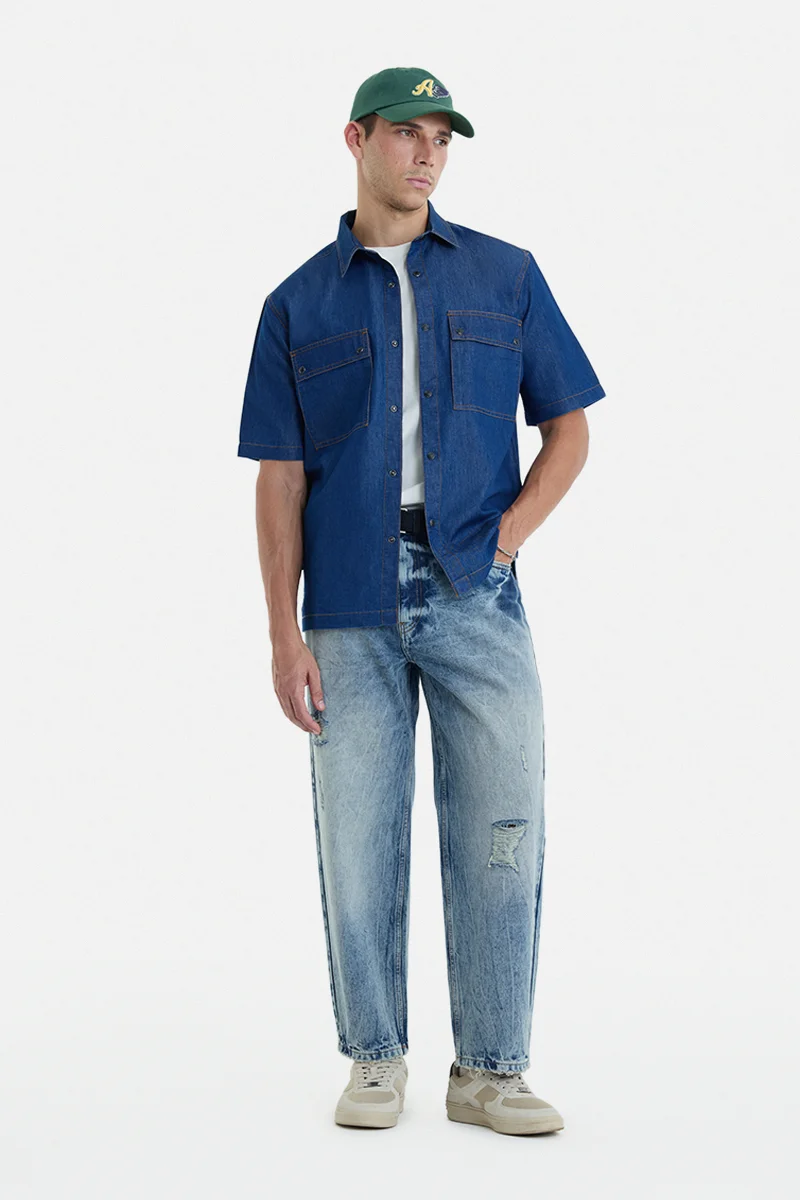 سنيتش Light Blue Solid Wide Leg Streetwear Jeans