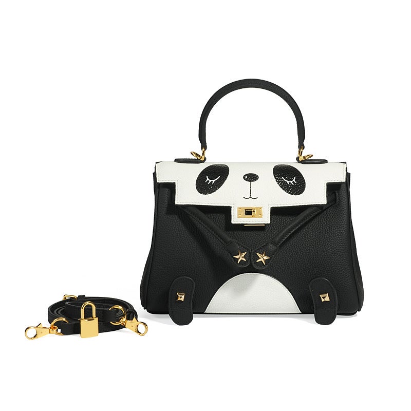 Trendy Women'S Bag Popular Hand-Stitched Panda Kelly Closed-Toe Layer Cowhide Lychee Pattern Handbag - Image 3