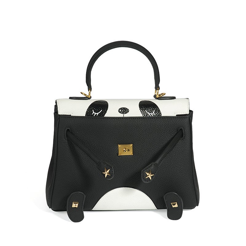 Trendy Women'S Bag Popular Hand-Stitched Panda Kelly Closed-Toe Layer Cowhide Lychee Pattern Handbag - Image 4