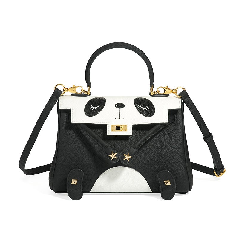 Trendy Women'S Bag Popular Hand-Stitched Panda Kelly Closed-Toe Layer Cowhide Lychee Pattern Handbag - Image 2