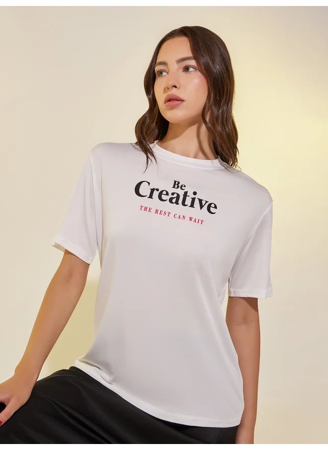 تايك تو Take Two Slogan Print Round Neck T-Shirt