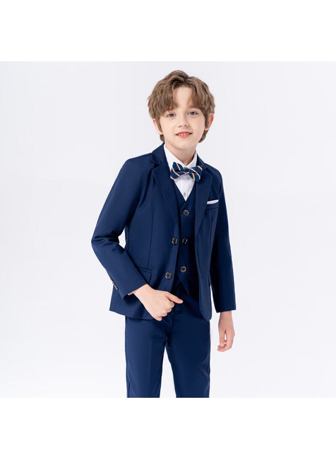 Luobobeibei Boys' Solid Color Suit Set For Children's Flower Boys, Small And Medium-sized Children's Formal Wear, Navy Blue Five-piece Set, Size 130 - Image 3