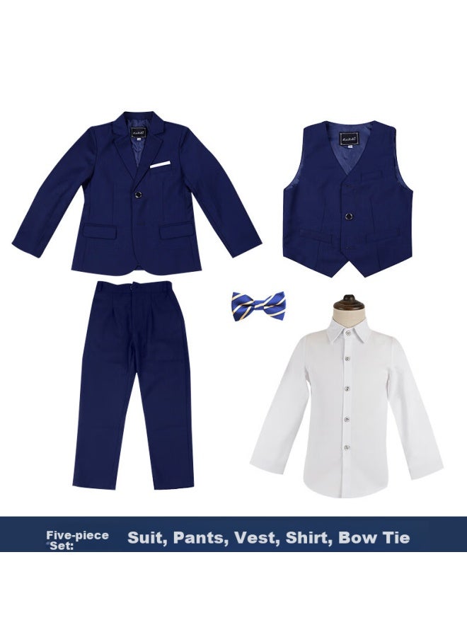 Luobobeibei Boys' Solid Color Suit Set For Children's Flower Boys, Small And Medium-sized Children's Formal Wear, Navy Blue Five-piece Set, Size 130 - Image 5