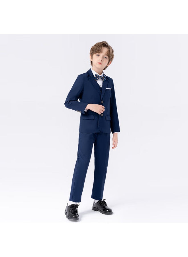 Luobobeibei Boys' Solid Color Suit Set For Children's Flower Boys, Small And Medium-sized Children's Formal Wear, Navy Blue Five-piece Set, Size 130 - Image 2
