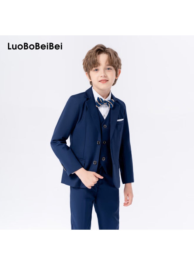 Luobobeibei Boys' Solid Color Suit Set For Children's Flower Boys, Small And Medium-sized Children's Formal Wear, Navy Blue Five-piece Set, Size 130 - Image 1