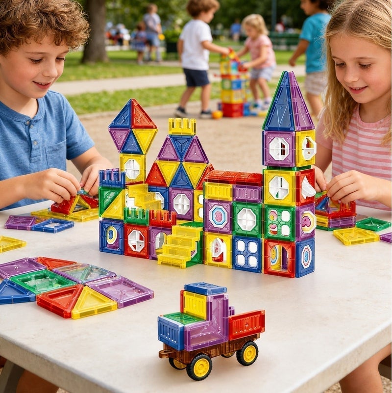 O2. 110PCS Magnetic Building Tiles Castle Set with Transparent Blocks, Windows, Stairs and Wheeled Building Base for Kids 3+ Years - Image 2