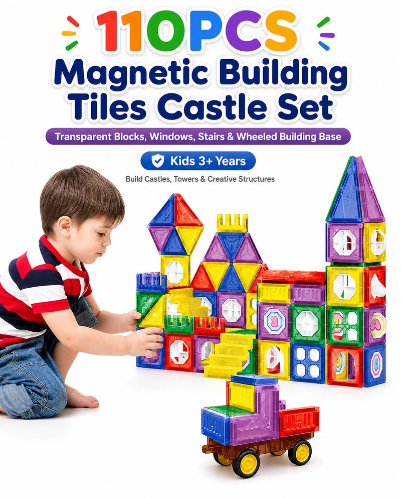 O2. 110PCS Magnetic Building Tiles Castle Set with Transparent Blocks, Windows, Stairs and Wheeled Building Base for Kids 3+ Years - Image 1
