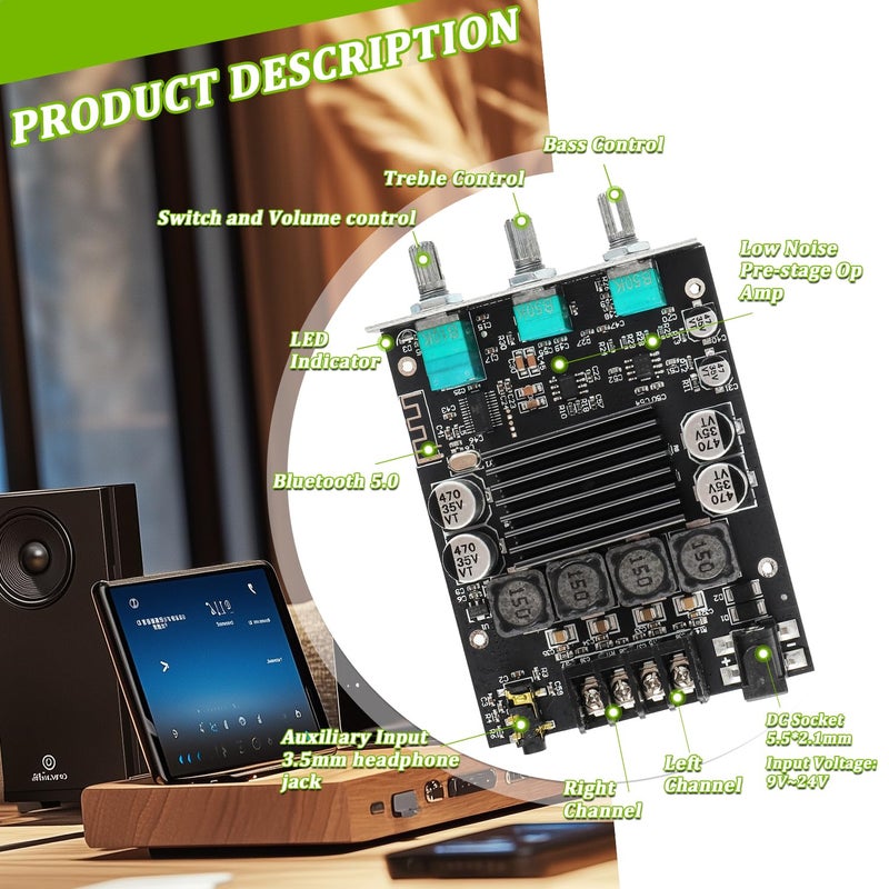 EPLZON 100W+100W Bluetooth Amplifier Board with Treble and Bass Control TPA3116D2 Chips DC 9-24V BT and AUX Inputs 2.0 Channel Stereo AMP Board for DIY Wireless Speakers Password Free(ZK-1002T) - Image 3