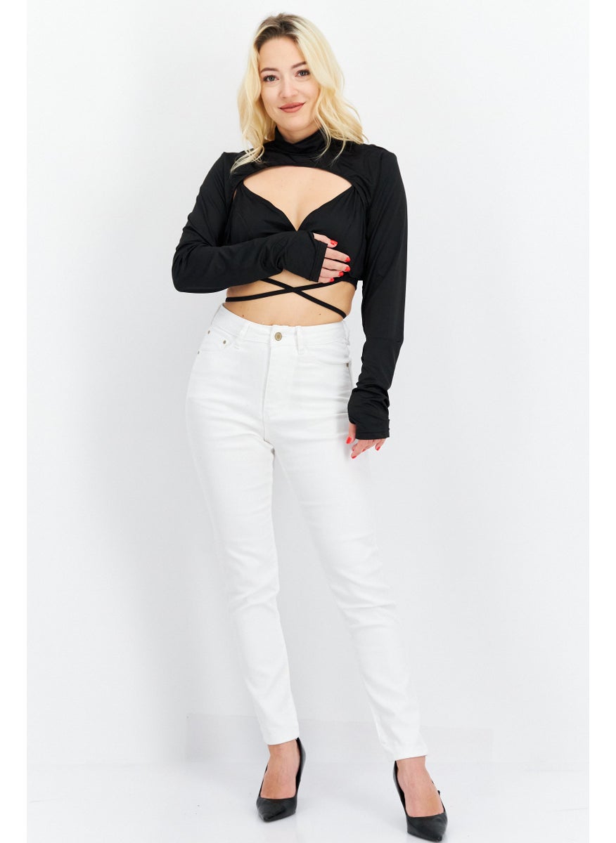 Unique21 - Women High Neck Long Sleeves Black Tops, Black - Image 1