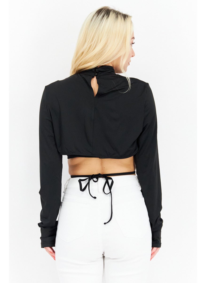 Unique21 - Women High Neck Long Sleeves Black Tops, Black - Image 1