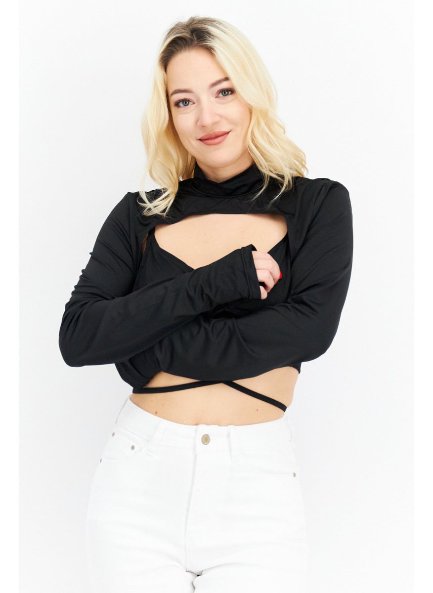 Unique21 - Women High Neck Long Sleeves Black Tops, Black - Image 1