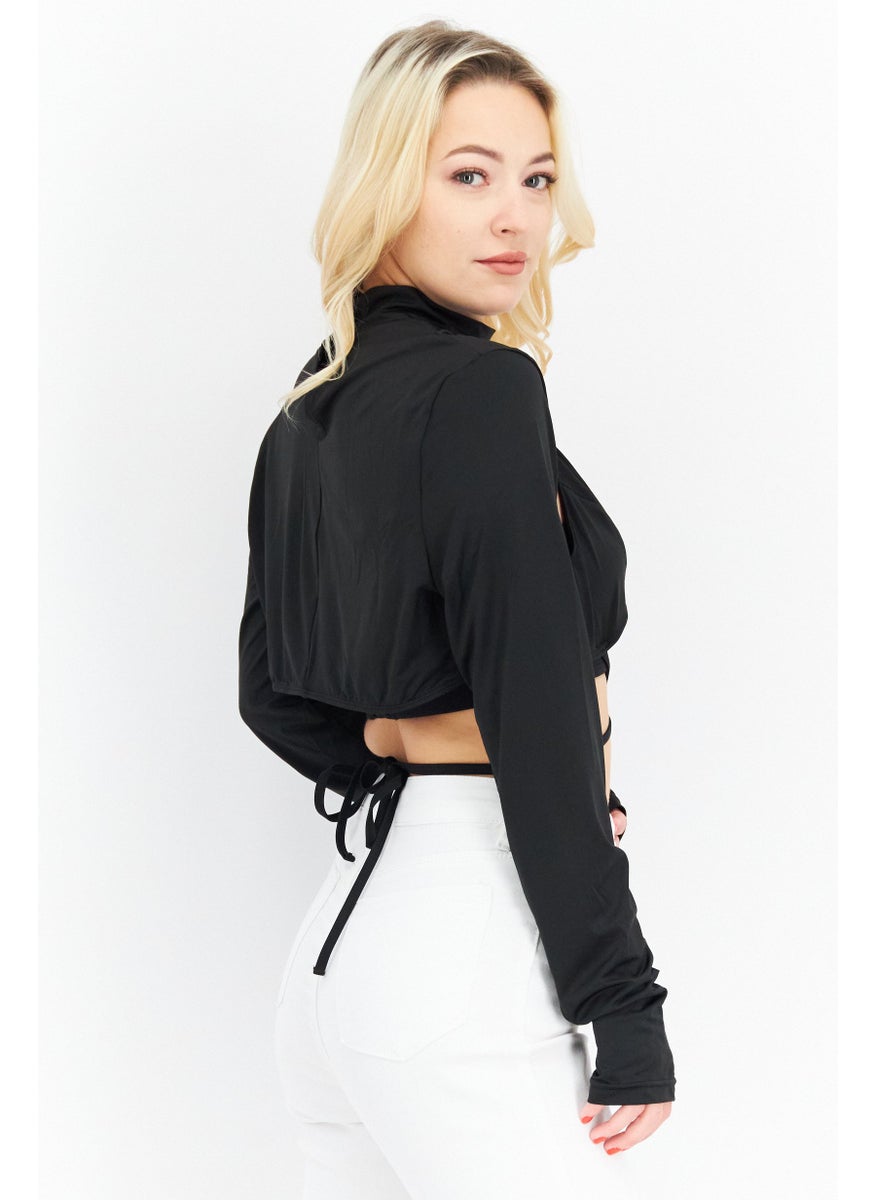 Unique21 - Women High Neck Long Sleeves Black Tops, Black - Image 1