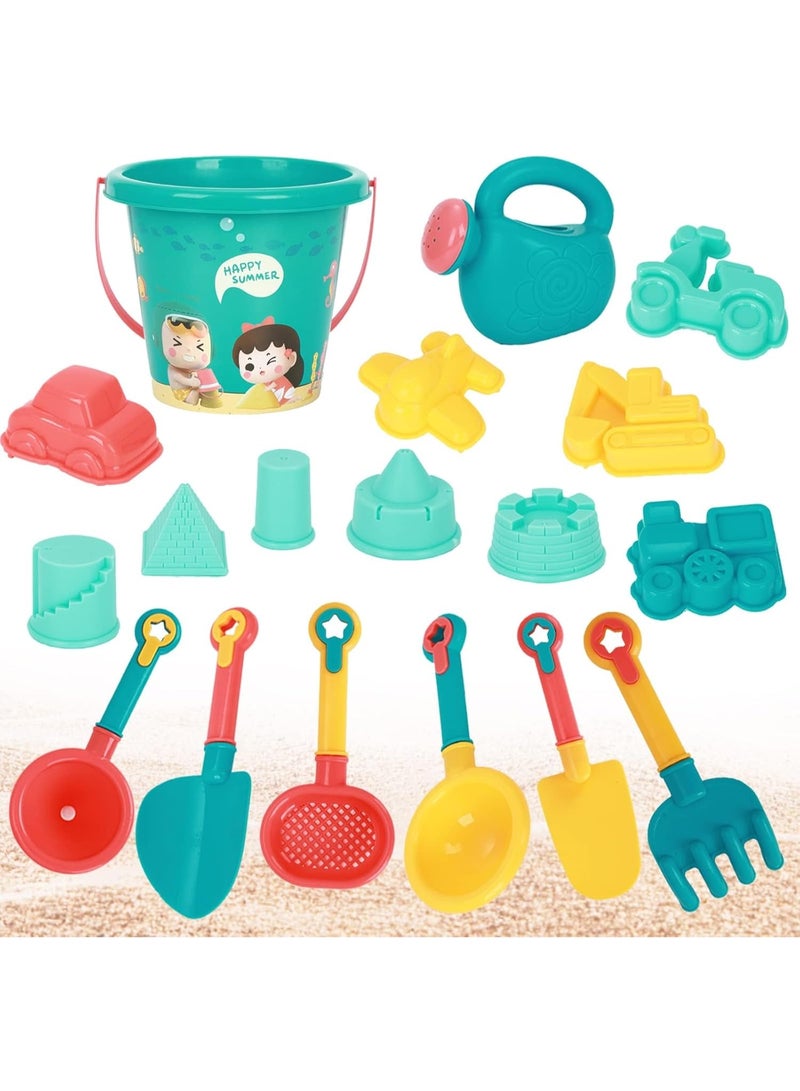 18 PCS Beach Toys Set for Kids, Sand Toys with Buckets, Watering Cans, Shovels, Rakes, Castle, Digger, Car Molds and Reusable Mesh Bag, Outdoor Fun Sand Tools for Toddler Children Boys Girls - Image 1