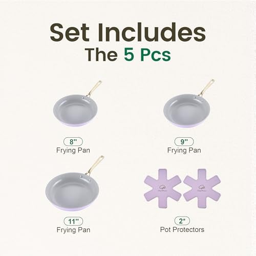 Chef Power Ceramic Frying Pan with Stainless Steel handle 5Pcs Set, Non Stick Grill Pan Set, Dishwasher and Oven Safe, Light Purple and Granite Grey - Image 2