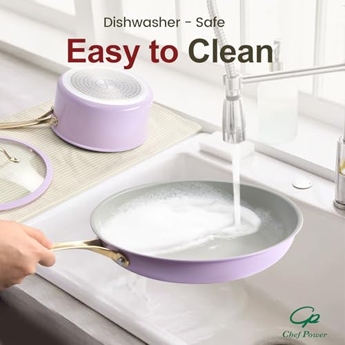 Chef Power Ceramic Frying Pan with Stainless Steel handle 5Pcs Set, Non Stick Grill Pan Set, Dishwasher and Oven Safe, Light Purple and Granite Grey - Image 4