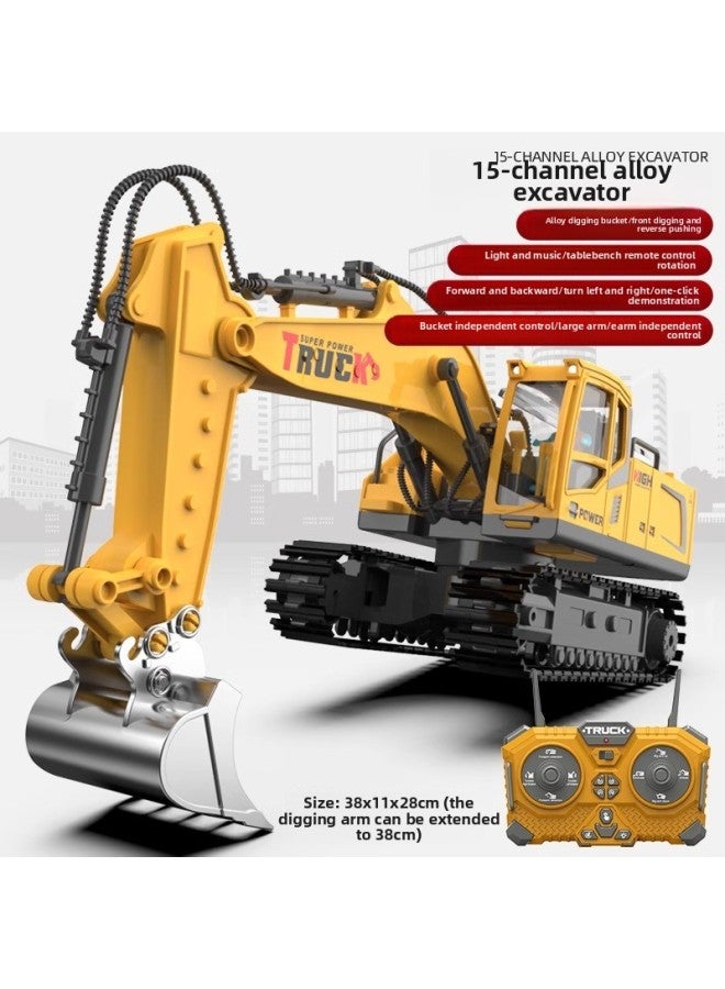 Large Alloy Children's Remote Control Car Excavator Toy Car Boy Electric Excavator Engineering Car Excavator Cross-border-Color:Adult Arm 3-section Independent Control 15-way-yellow-alloy Bucket 【co - Image 1