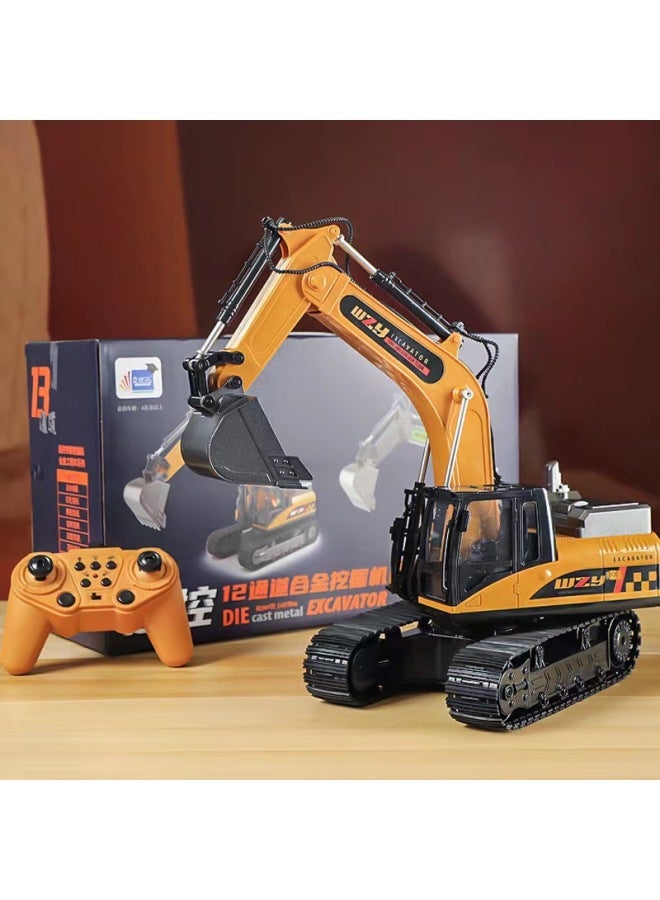 Large Alloy Children's Remote Control Car Excavator Toy Car Boy Electric Excavator Engineering Car Excavator Cross-border-Color:Adult Arm 3-section Independent Control 15-way-yellow-alloy Bucket 【co - Image 2