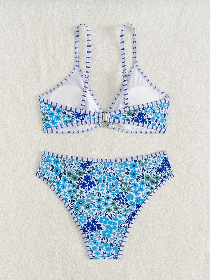Fanuerg Women's Triangle Bikini Sets O Ring Linked Two Piece Swimsuits Color Block Cheeky Bathing Suit Random Floral Print M - Image 5