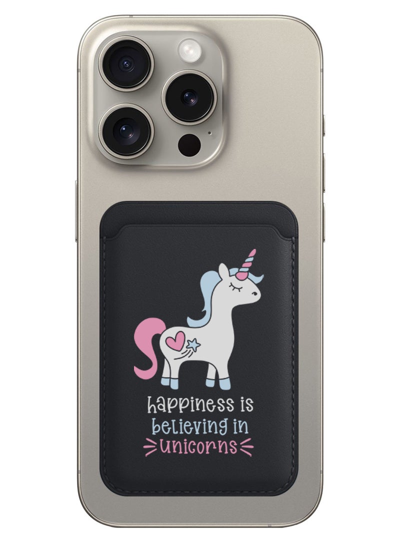 Theodor Magnetic Wallet, Compatible with MagSafe Wallet, for iPhone Wallet, for iPhone 16/15/14/13/12 Series, Not for iPhone 13/12 mini, 3 Card Holder, Vegan Leather, Black - Happiness is believing in Unicorns - Image 1