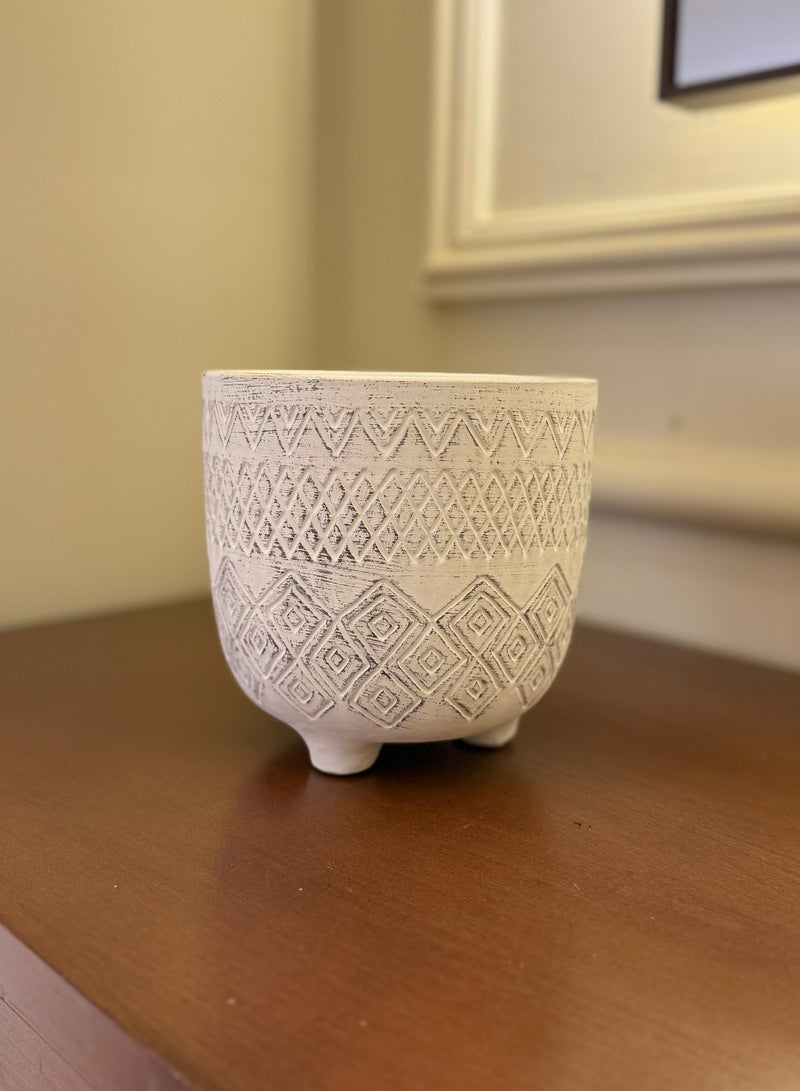 Generic Geometric Lines Planter Vase (Plant Pot), with a hole at the bottom and 3 non-slip stickers to prevent movement, (Length 17cm x Width 17cm x Height 17cm), made of pottery, color white.  - Image 1
