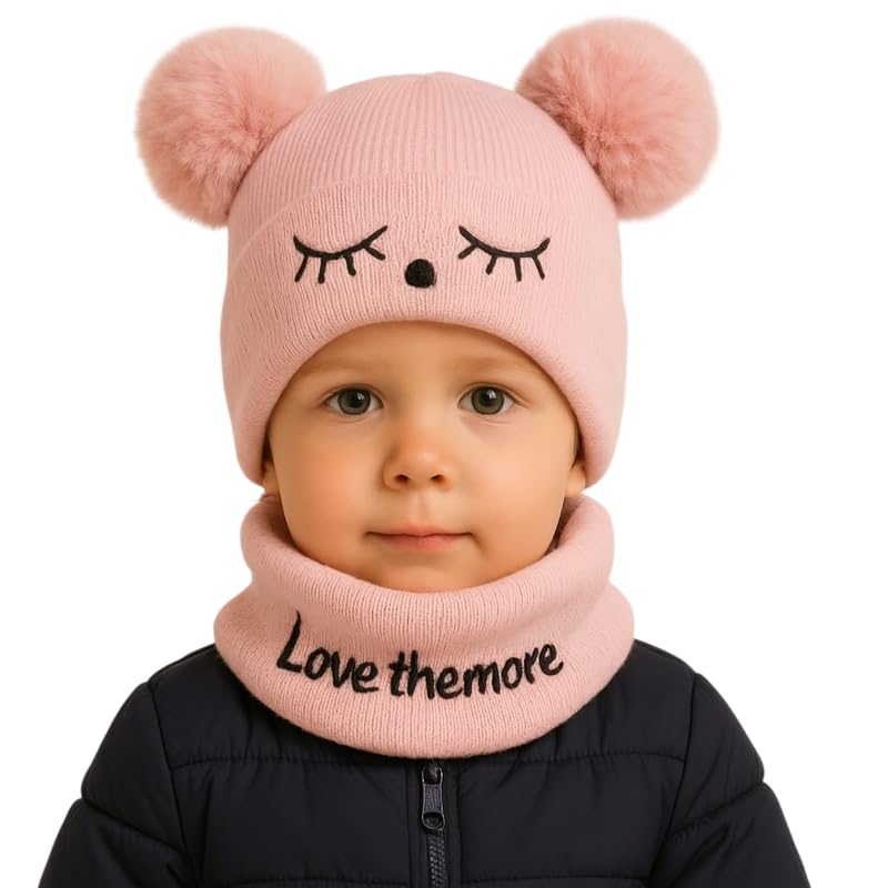 Krystle Toddler Knit Beanie and Scarf Set – Winter Warm Baby Hat with Pom Poms & Cozy Neck Warmer for Boys & Girls (Pink,6 Months-3 Years) - Image 5