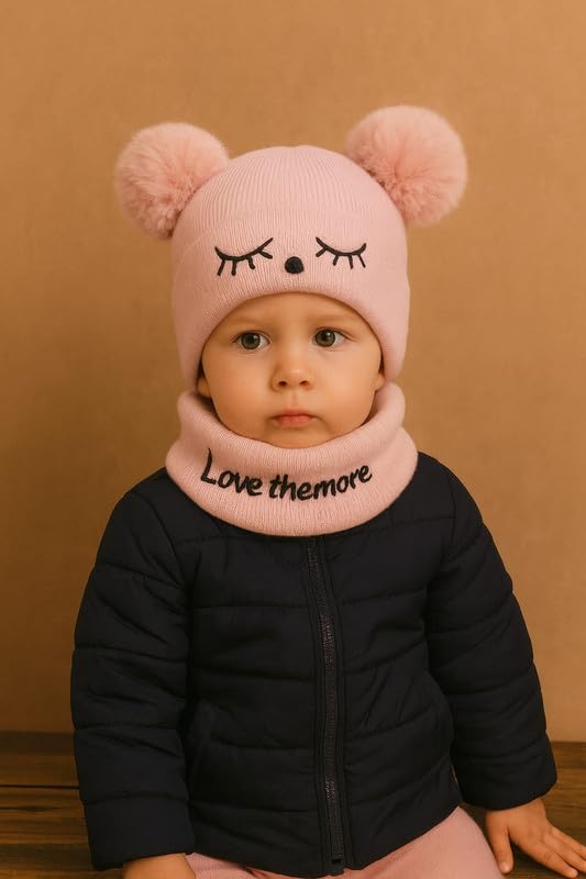 Krystle Toddler Knit Beanie and Scarf Set – Winter Warm Baby Hat with Pom Poms & Cozy Neck Warmer for Boys & Girls (Pink,6 Months-3 Years) - Image 3