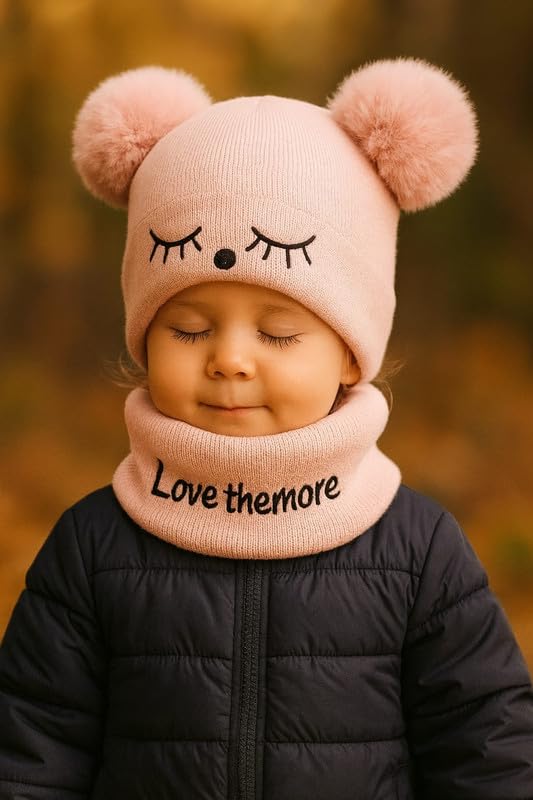 Krystle Toddler Knit Beanie and Scarf Set – Winter Warm Baby Hat with Pom Poms & Cozy Neck Warmer for Boys & Girls (Pink,6 Months-3 Years) - Image 2
