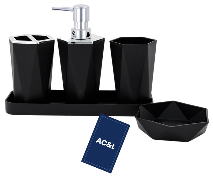 BATHROOM ACCESSORIES SET, 5 PCS PLASTIC BATHROOM COUNTER VANITY SET, LIQUID SOAP DISPENSER, TOOTHBRUSH HOLDER, SOAP DISH, Q TIPS TUMBLER, VANITY TRAY, MODERN BATHROOM DECOR ORGANIZER (BLACK)