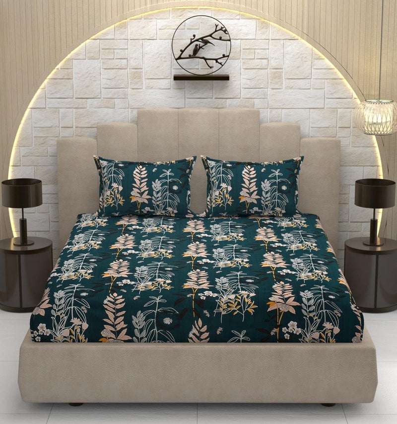 Subtlespreads XXL Premium Cotton Feel Super King Size Printed Bedsheets for Double Bed with 2 Pillow Covers - Bed Sheets for Bedroom (Dark Green Plants, Super King 108x108), 200 TC - Image 1