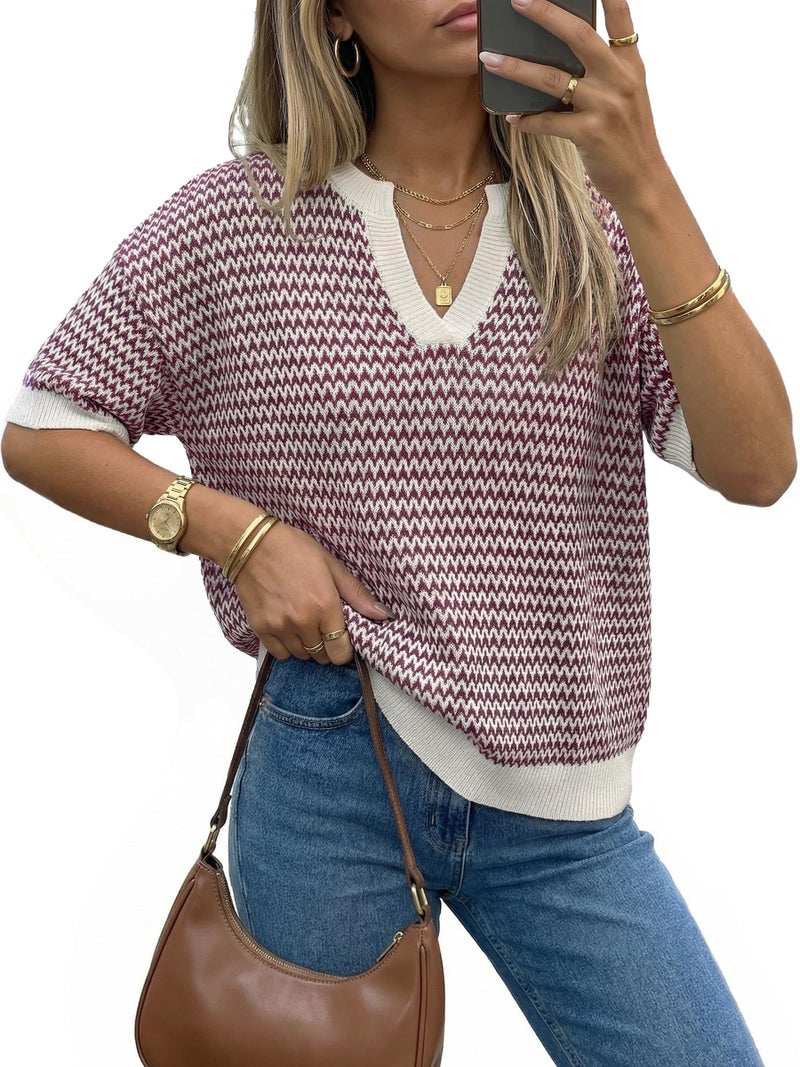Arach&Cloz Women's 100% Cotton Short Sleeve Sweater Polo V Neck Striped Pullover Knit Spring Summer Casual Trendy Fashion 2026 Dark Red M - Image 1