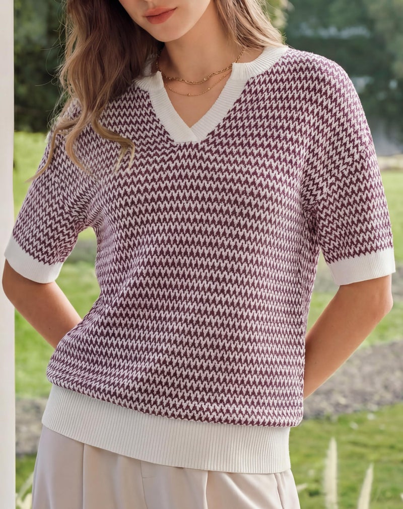 Arach&Cloz Women's 100% Cotton Short Sleeve Sweater Polo V Neck Striped Pullover Knit Spring Summer Casual Trendy Fashion 2026 Dark Red M - Image 2