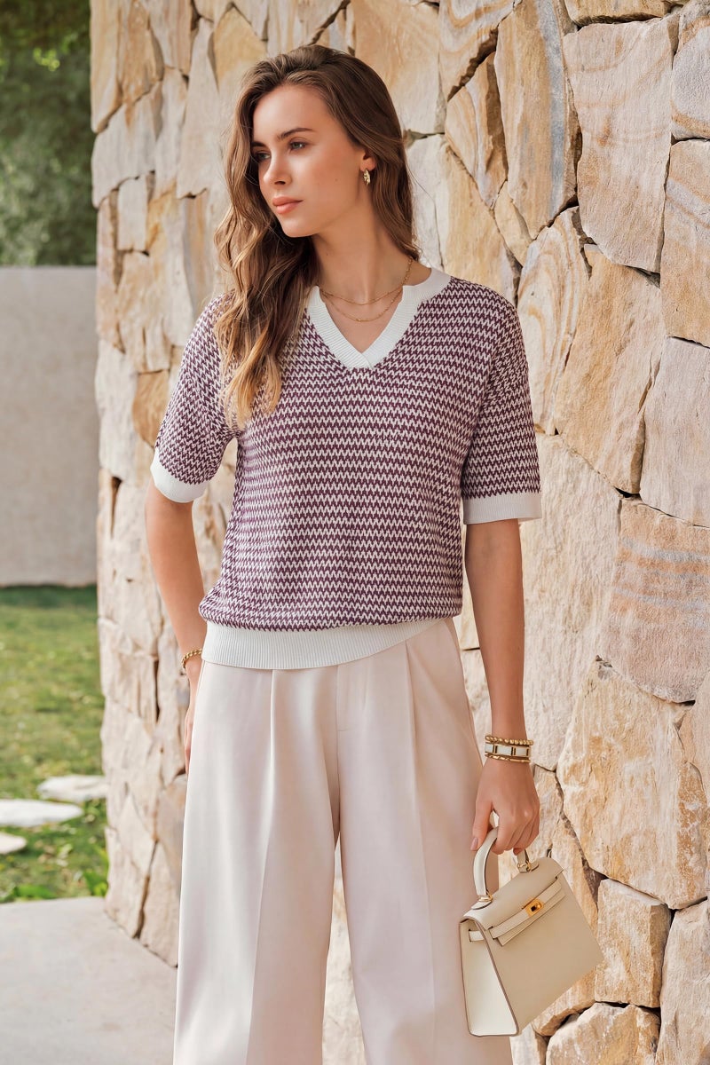 Arach&Cloz Women's 100% Cotton Short Sleeve Sweater Polo V Neck Striped Pullover Knit Spring Summer Casual Trendy Fashion 2026 Dark Red M - Image 5