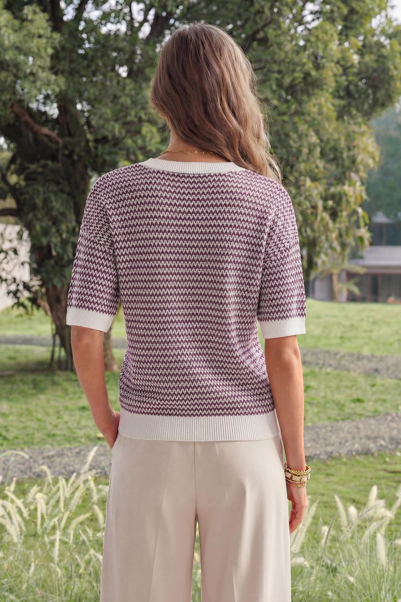 Arach&Cloz Women's 100% Cotton Short Sleeve Sweater Polo V Neck Striped Pullover Knit Spring Summer Casual Trendy Fashion 2026 Dark Red M - Image 4