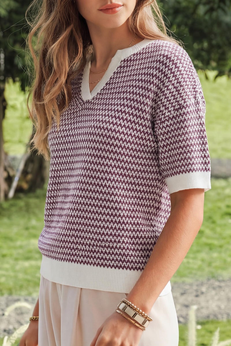 Arach&Cloz Women's 100% Cotton Short Sleeve Sweater Polo V Neck Striped Pullover Knit Spring Summer Casual Trendy Fashion 2026 Dark Red M - Image 3