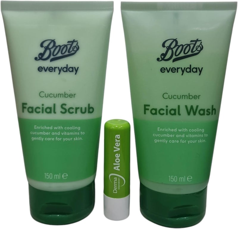 Boots Cucumber Facial Scrub and Facial Wash 150 ml Duo Set With Free Aloe Vera Lip Balm