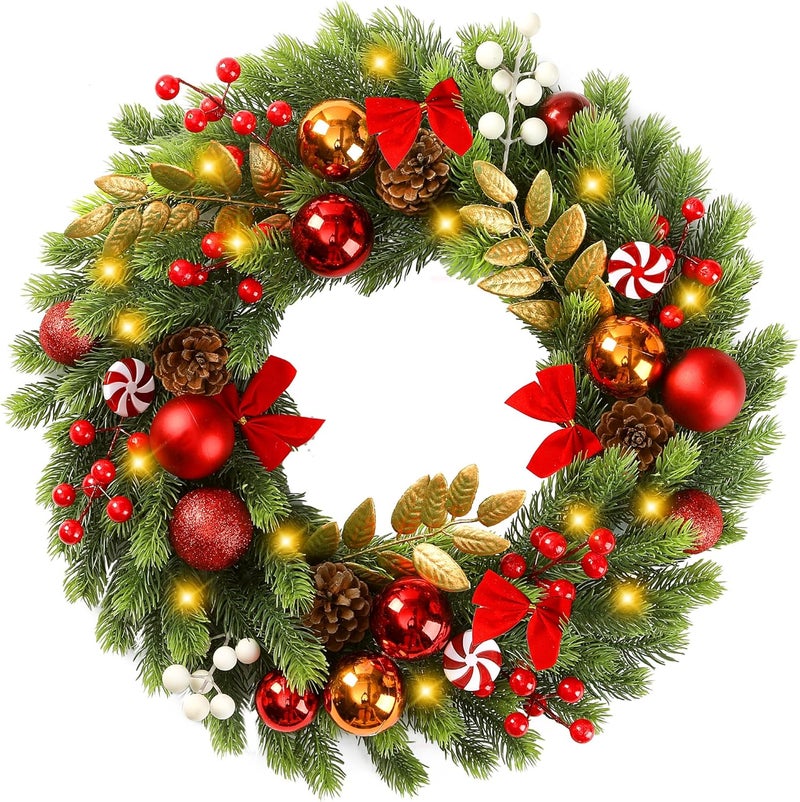 Sggvecsy Sggvecsy 17 Inch Artificial Christmas Wreath for Front Door with 20 LED Lights Pine Needles Christmas Balls Red White Berries Pine Cones Bows Decoration for Winter Wall Outdoor Home Holiday Xmas Decor - Image 1