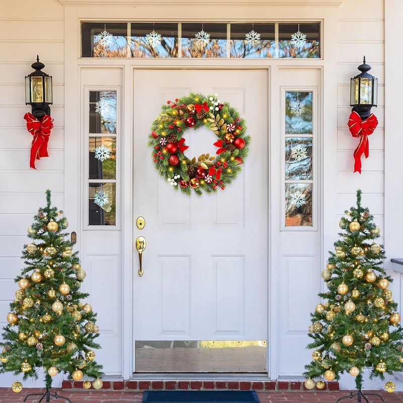 Sggvecsy Sggvecsy 17 Inch Artificial Christmas Wreath for Front Door with 20 LED Lights Pine Needles Christmas Balls Red White Berries Pine Cones Bows Decoration for Winter Wall Outdoor Home Holiday Xmas Decor - Image 2