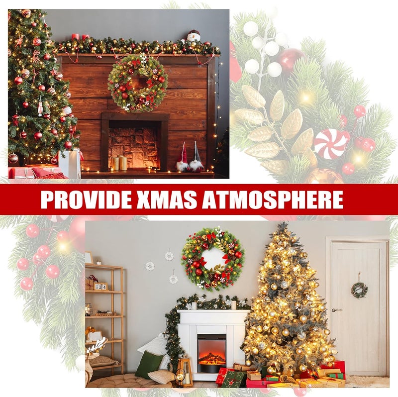 Sggvecsy Sggvecsy 17 Inch Artificial Christmas Wreath for Front Door with 20 LED Lights Pine Needles Christmas Balls Red White Berries Pine Cones Bows Decoration for Winter Wall Outdoor Home Holiday Xmas Decor - Image 5
