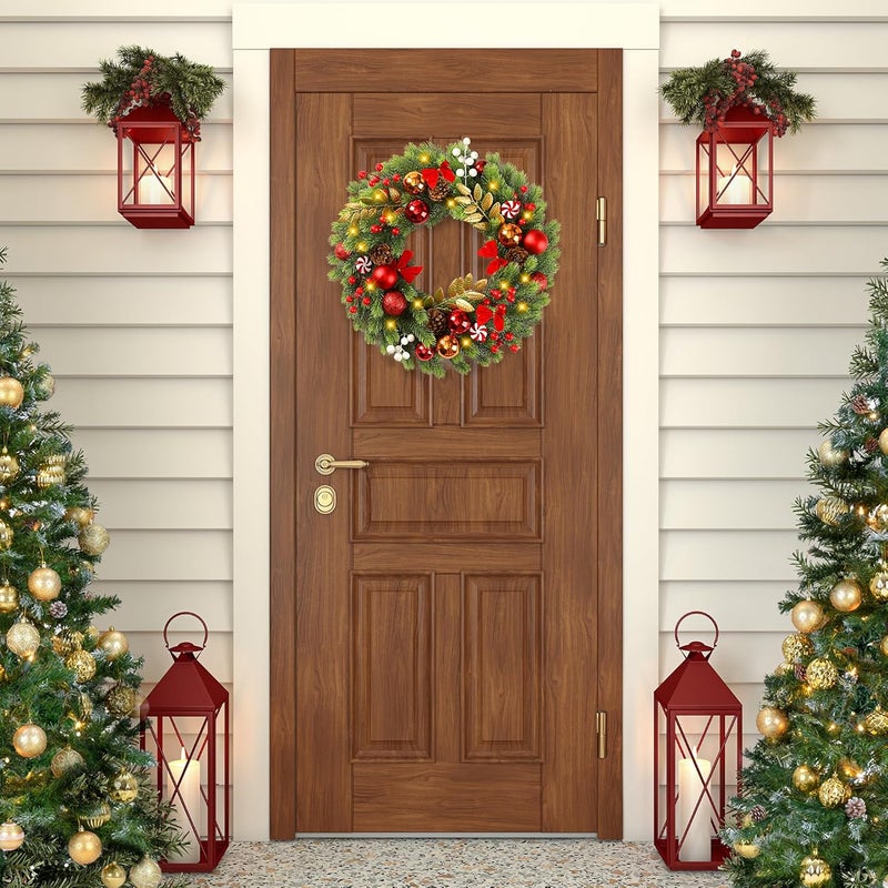 Sggvecsy Sggvecsy 17 Inch Artificial Christmas Wreath for Front Door with 20 LED Lights Pine Needles Christmas Balls Red White Berries Pine Cones Bows Decoration for Winter Wall Outdoor Home Holiday Xmas Decor - Image 3