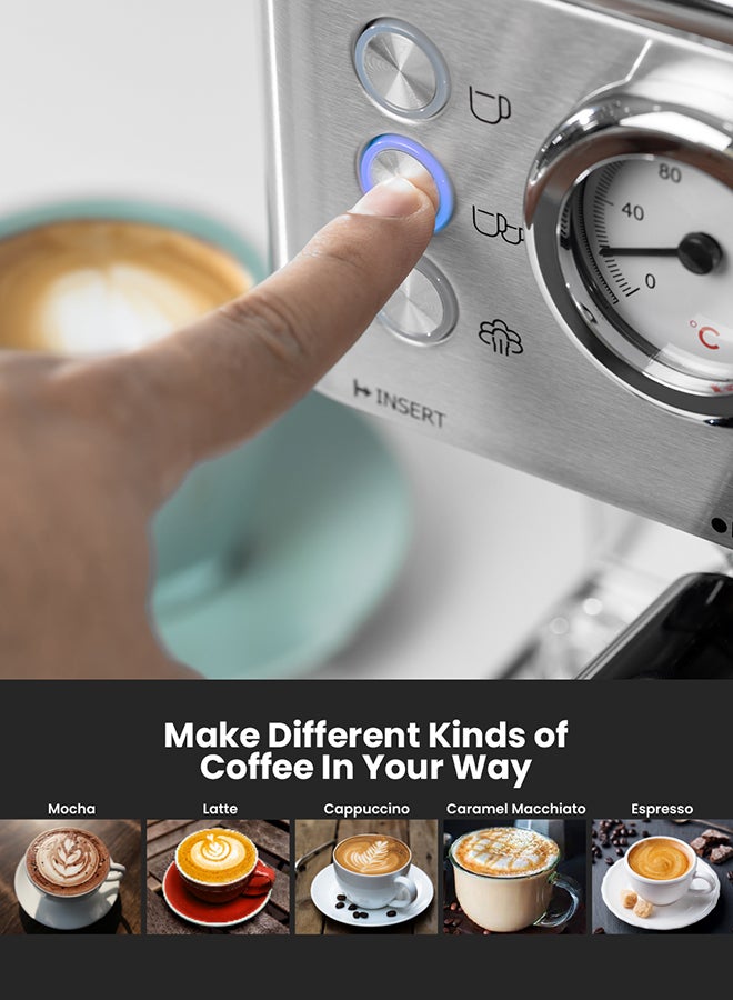 Geepas Espresso and Cappuccino Coffee Machine- GCM1523SS| Die-Cast Aluminum Boiler and 1.8 L Detachable Water Tank| Makes Cappuccino, Lattes, Espresso| Includes Overheating and Overpressure Protection| Metallic White, 2 Years Warranty 1.8 L 1100 W GCM1523SS METALIC WHITE - Image 4
