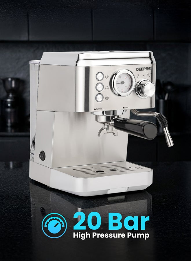 Geepas Espresso and Cappuccino Coffee Machine- GCM1523SS| Die-Cast Aluminum Boiler and 1.8 L Detachable Water Tank| Makes Cappuccino, Lattes, Espresso| Includes Overheating and Overpressure Protection| Metallic White, 2 Years Warranty 1.8 L 1100 W GCM1523SS METALIC WHITE - Image 3