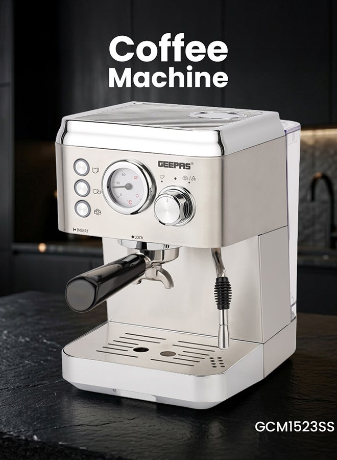 Geepas Espresso and Cappuccino Coffee Machine- GCM1523SS| Die-Cast Aluminum Boiler and 1.8 L Detachable Water Tank| Makes Cappuccino, Lattes, Espresso| Includes Overheating and Overpressure Protection| Metallic White, 2 Years Warranty 1.8 L 1100 W GCM1523SS METALIC WHITE - Image 2