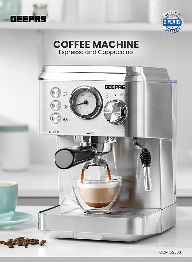 Geepas Espresso and Cappuccino Coffee Machine- GCM1523SS| Die-Cast Aluminum Boiler and 1.8 L Detachable Water Tank| Makes Cappuccino, Lattes, Espresso| Includes Overheating and Overpressure Protection| Metallic White, 2 Years Warranty 1.8 L 1100 W GCM1523SS METALIC WHITE - Image 1