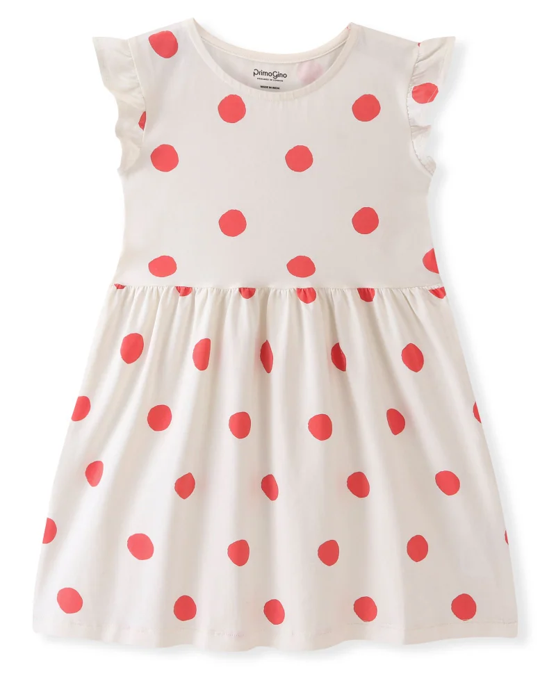 Primo Gino Primo Gino Cotton Blend Frill Sleeves Dress With Polka Dot Print - Ivory