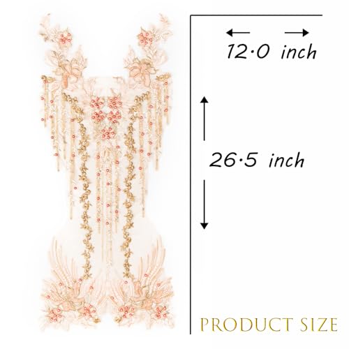 FixrWre Beaded Pearl Flower Fabric Lace Applique, Floral Embroidered Patches Handmade Sewing Tool for DIY Neckline Bodice Wedding Bridal Prom Dress(Apricot-Large) - Image 3