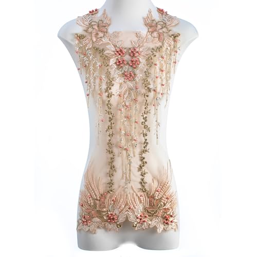 FixrWre Beaded Pearl Flower Fabric Lace Applique, Floral Embroidered Patches Handmade Sewing Tool for DIY Neckline Bodice Wedding Bridal Prom Dress(Apricot-Large) - Image 1